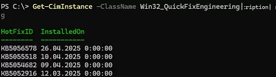 Get-CimInstance Win32_QuickFixEngineering - list installed Windows updated