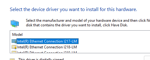 Manually install Intel Ethernet Connection I219-LM driver 