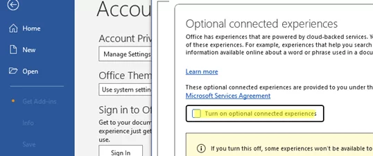 MS Office: Turn on optional connected experience 