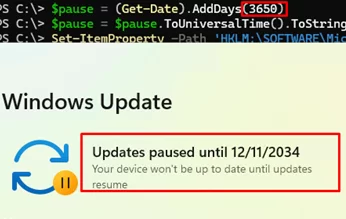 PowerShell: extend Windows Update pause time to infinite (forever)