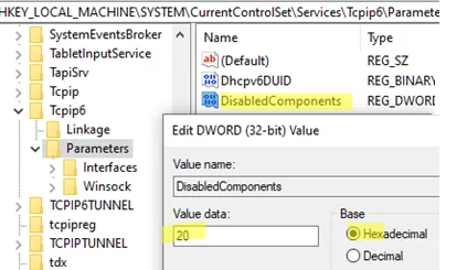 Registry: DisabledComponents 0x20 (Prefer IPv4 over IPv6)