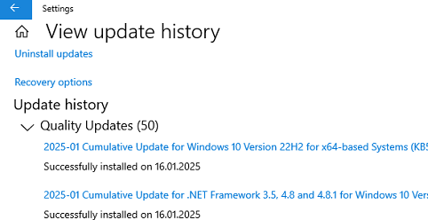 Windows Update History in the Settings app