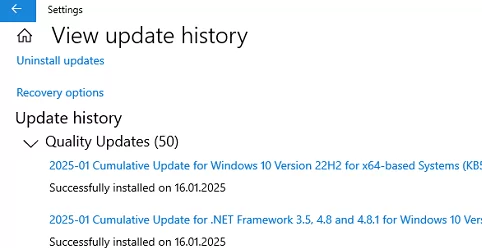 Windows Update History in the Settings app