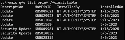 wmic - list installed updates cmd