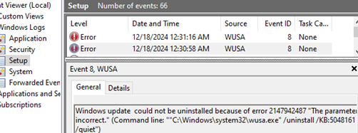 wusa.exe unable to uninstall updates with /quiet