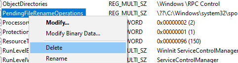 Clear the PendingFileRenameOperations registry option