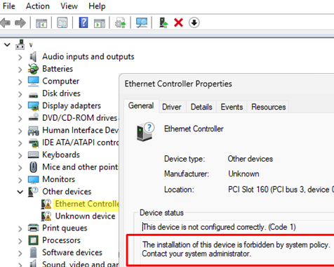 Device manager error (Code 1 )- This device is not configured correctly