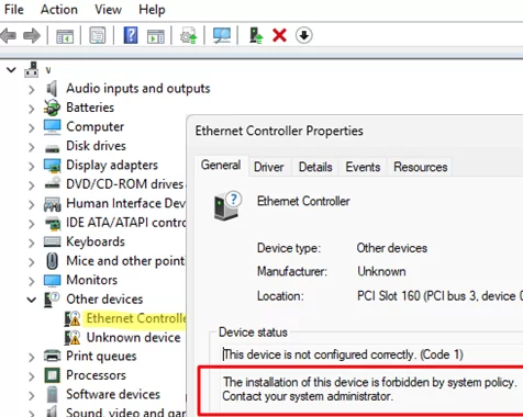 Device manager error (Code 1 )- This device is not configured correctly