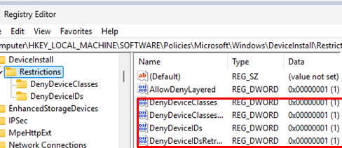 Disable device installation restrictions in registry