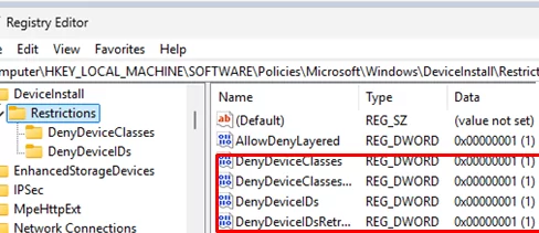 Disable device installation restrictions in registry