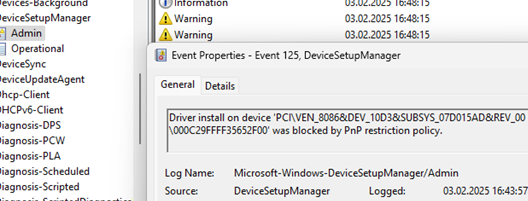 Event 125: Driver install on device was blocked by PnP restriction policy