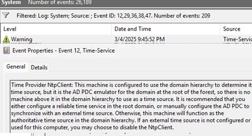 event id 12: manually configure the AD PDC to synchronize with an external time source