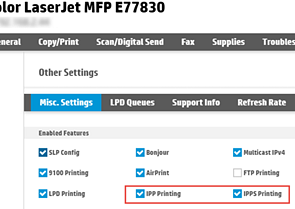 IPP Printing and IPPS Printing protocols in printer settings
