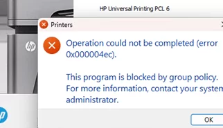 Operation could not be completed (error 0x000004ec). This program is blocked by group policy