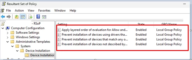 Result GPO settings prevent device instalation