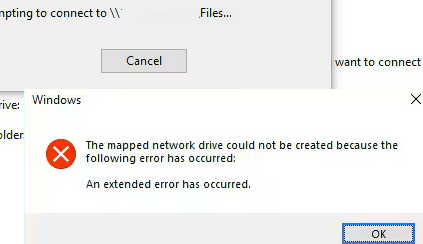 The mapped network drive could not be created because of the following error has occurred: An extended error has occurred