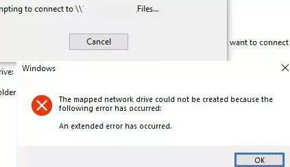 The mapped network drive could not be created because of the following error has occurred: An extended error has occurred