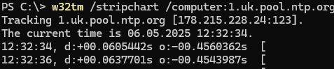 w32tm /stripchart - check ntp time source is available from DC