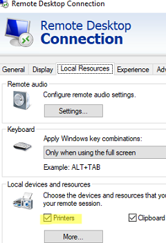 Enable printer redirection in mstsc RDP client