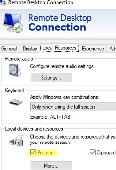Enable printer redirection in mstsc RDP client