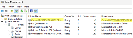 List native printer drivers installed on remote desktop server