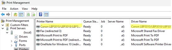 List native printer drivers installed on remote desktop server