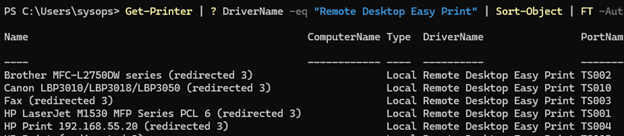 List redirected RDP printers using PowerShell
