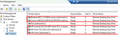 Managing redirected printer with printmanagement.msc console