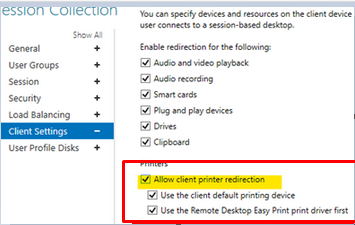 RDSH collection settings: printer redirection
