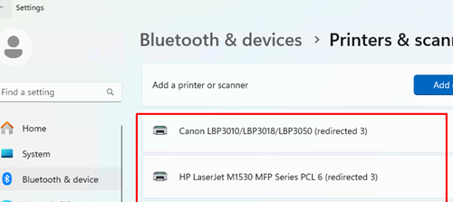 redirected local printer in remote session