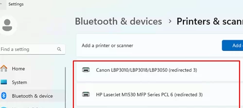 redirected local printer in remote session