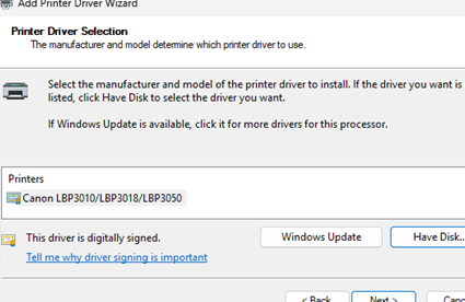 Select print driver INF file