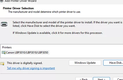 Select print driver INF file