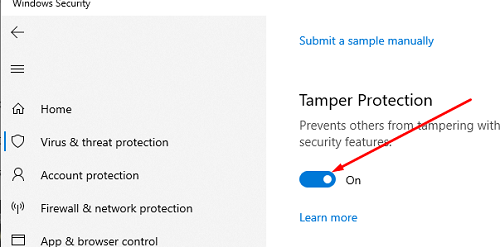 Disable the Tamper Protection in Windows Security to reset AV databases