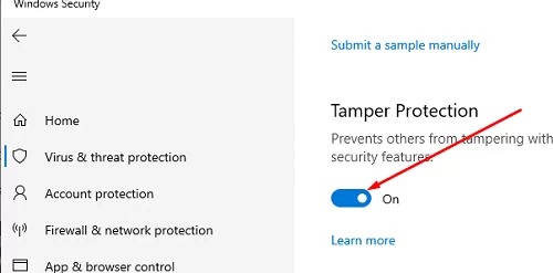 Disable the Tamper Protection in Windows Security to reset AV databases