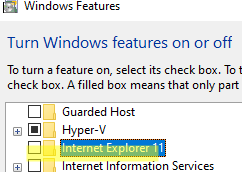 Enable Windows feature Internet Explorer 11