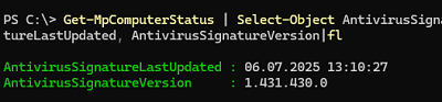 Get-MpComputerStatus | Select-Object AntivirusSignatureLastUpdated, AntivirusSignatureVersion