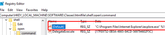 iexplore.exe in registry htmlfile\shell\open\command 