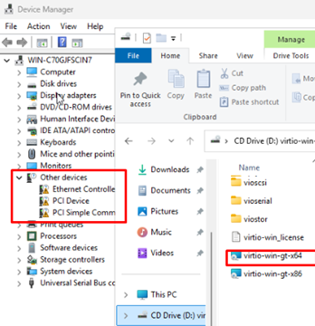Install VirtIO drivers for Windows using virtio-win-gt-x64.msi 