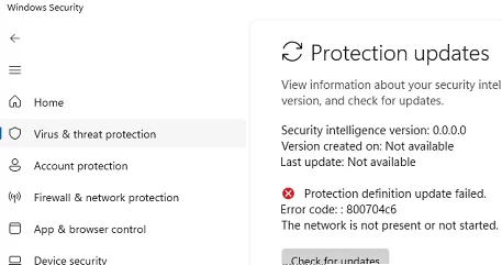 Microsoft Defender: Protection definition update failed 