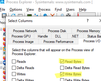 Show Process Read and Write IO in Proc Explorer