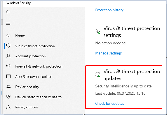 View viruts and thread protection updates state