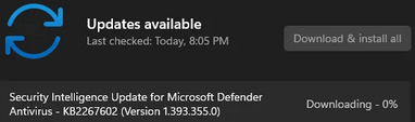 Windows Update KB2267602 downloading hangs at 0%