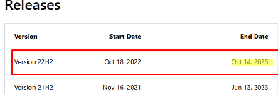 check windows build end of support date