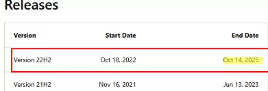 check windows build end of support date