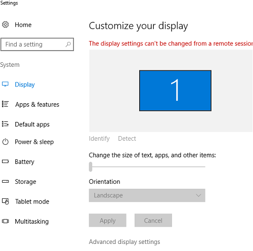 Display settings can't be changed from a remote session.