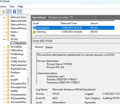 audit NTLM events in Event Viewer