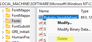 Delete font entry from the registry