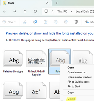 Delete TTF file from %windir%\fonts folder