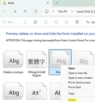 Delete TTF file from %windir%\fonts folder